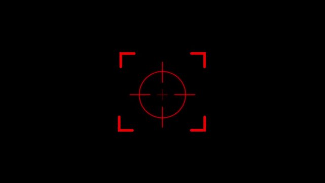 Red digital camera focus reticle overlay with a central crosshair and corner brackets isolated on a black background for editing purposes