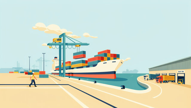 Illustrated cargo ship loading containers at busy modern port facility with dock workers and warehouse buildings