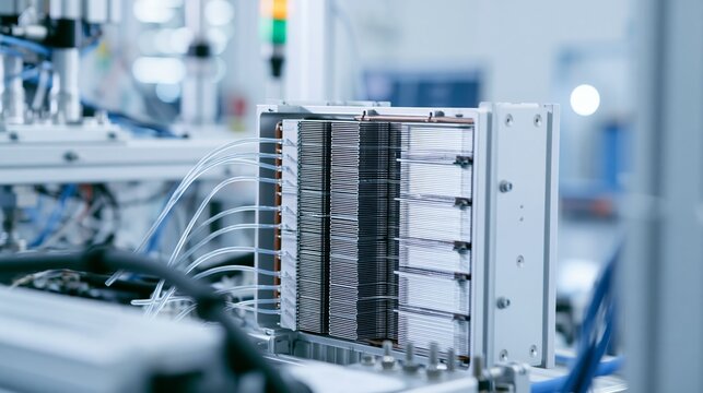 Hydrogen fuel cell stack with bipolar plates in sharp focus and a blurred facility behind. Concept of clean energy vehicle technology.