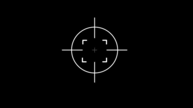 White digital crosshair reticle with inner square brackets centered on a solid black background for tactical gaming or camera viewfinder overlays