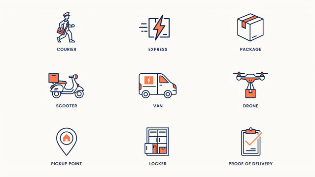 Illustrated icons representing various delivery and shipping methods and services with transparent backgrounds