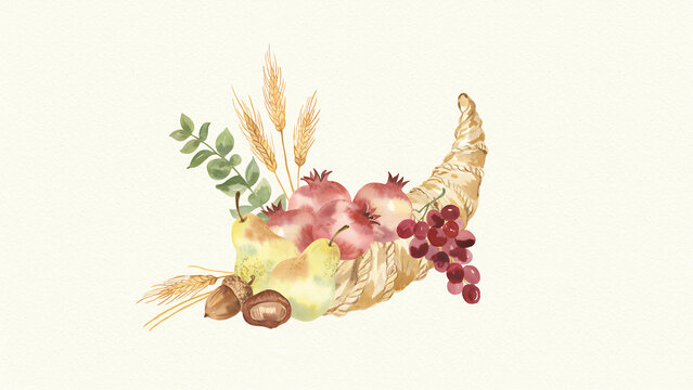 Watercolor cornucopia filled with autumn fruits and wheat stalks isolated on a transparent background