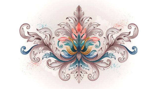 Watercolor damask ornament with ornate floral acanthus leaves isolated on a transparent background
