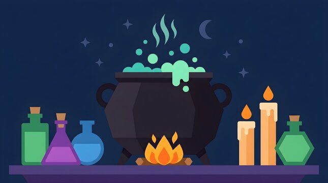 Halloween vector illustration of a witch cauldron brewing a bubbling magic potion with candles and colorful potion bottles. Ideal for spooky designs, fantasy themes, party decorations, and seasonal gr