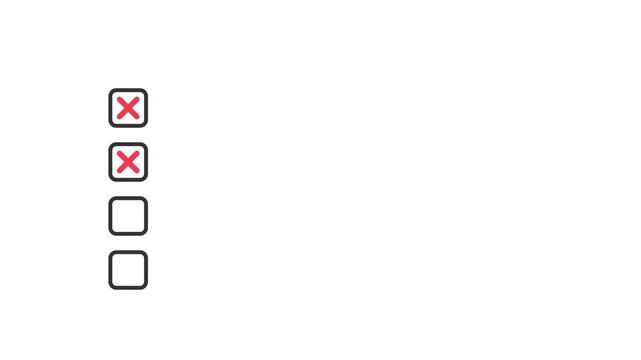 animation of red cross marks appearing sequentially in a minimalist checklist on a white background. Task failure and error concept