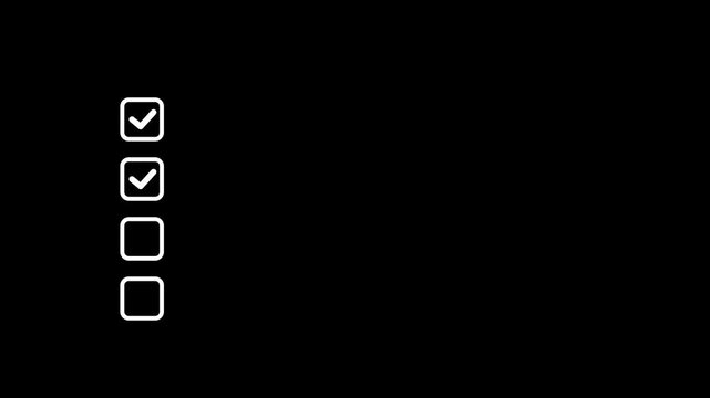 sequential animation of white checkmarks filling a minimalist checklist on a black background. Dark mode UI design for task completion and success concepts
