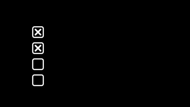 animation of white cross marks appearing sequentially in a minimalist checklist on a black background. Dark mode UI error and task failure concept