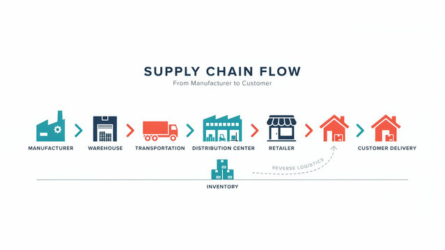 Illustration showing supply chain flow from manufacturer to customer delivery process with icons