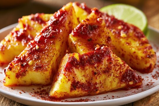 Close-up shot of glossy chamoy glaze over pineapple with pepper dust