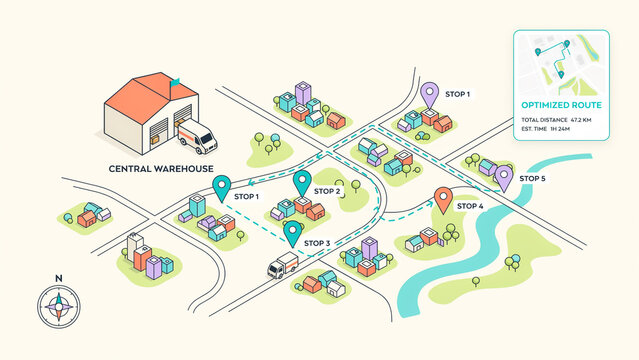 Logistics delivery route map showing optimized stops from central warehouse to multiple delivery locations