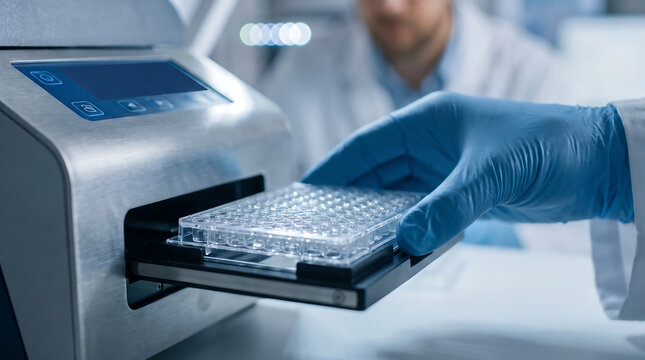 Laboratory technician in blue gloves loading well plate into automated microplate reader for scientific analysis with laboratory technician microplate automated