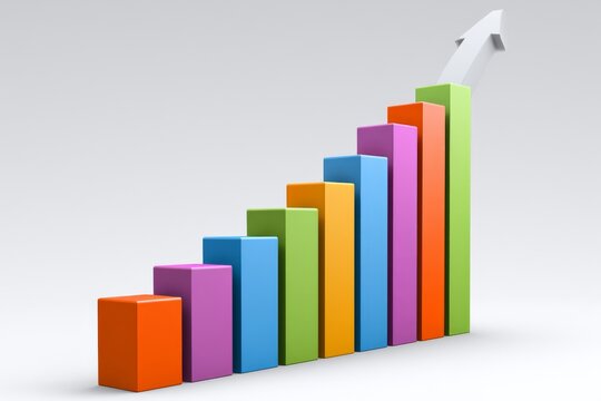 Colorful bars show increase in data with arrow pointing upward