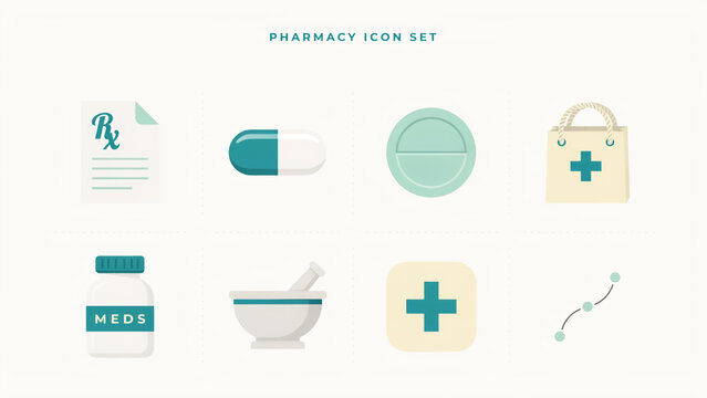Pharmacy related icons set featuring pills capsules prescription bag bottle and medical symbols on transparent background