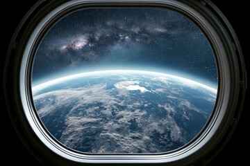 Fototapeta premium View of Earth from a spacecraft window at night with stars visible in the background