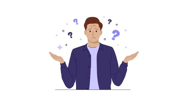 Confused businessman with question marks above head. Flat character animation