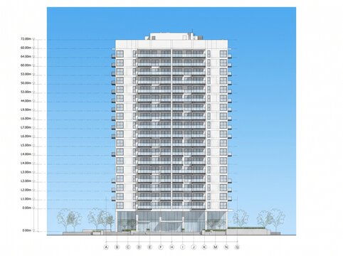 Detailed architectural elevation drawing of a modern high-rise residential building with multiple balconies and a clear sky background.