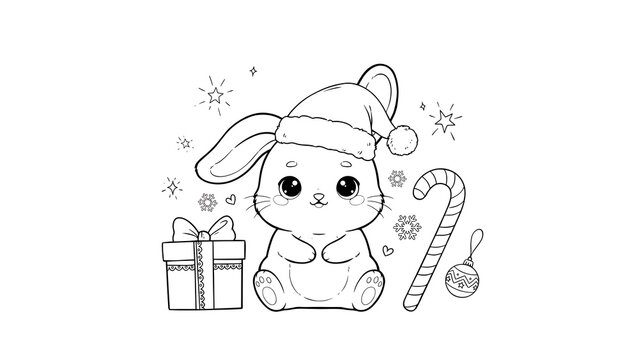 Christmas bunny coloring page, cute cartoon rabbit wearing santa hat, festive holiday line art with gift box and candy cane for kids activity
