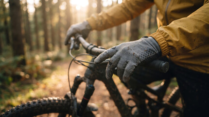 Fototapeta premium Detail shot of a person adjusting the handlebars of their mountain bike while wearing thick winter gloves in a forest setting with dirt road outdoor activity outdoors