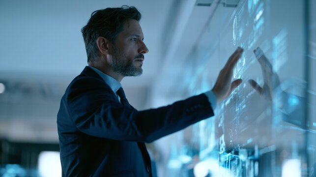 Businessman interacting with holographic interface in modern workspace, digital innovation and technology, smart analytics, future business.