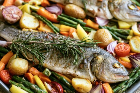 Fresh fish and vegetables ready for baking in a tray on a kitchen counter at lunchtime