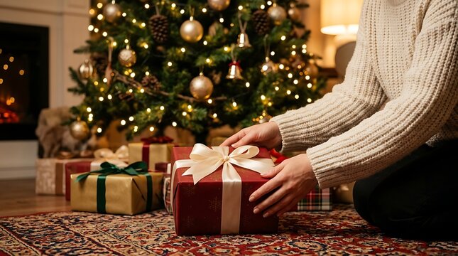 Woman placing a red christmas gift with a ribbon under a decorated holiday tree
