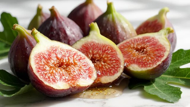 Fresh ripe figs sliced open with honey drizzle on marble, surrounded by fig leaves, natural light food styling