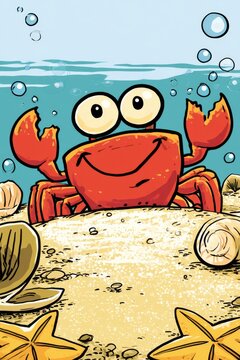 Happy crab with big eyes sits on the sandy ocean floor surrounded by shells and starfish