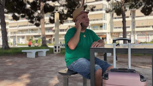 Hombre con maleta hablando por tel&eacute;fono en parque