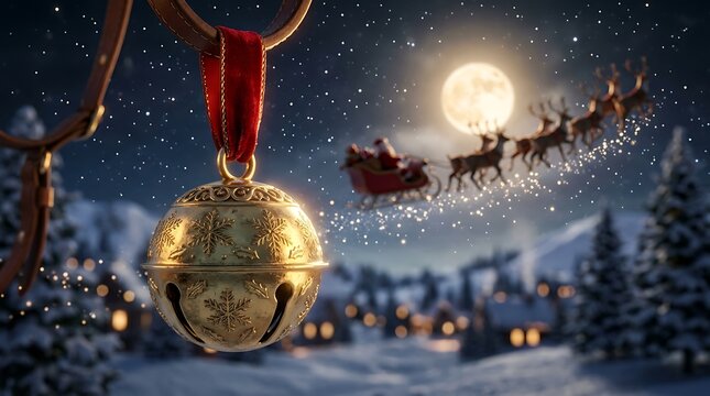 Christmas sleigh bell jingling with Santa sleigh flying past in snowy night