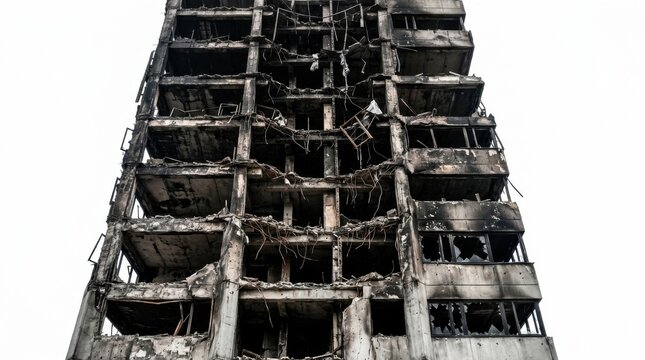 A severely damaged and burnt highrise apartment building structure after a fire or conflict