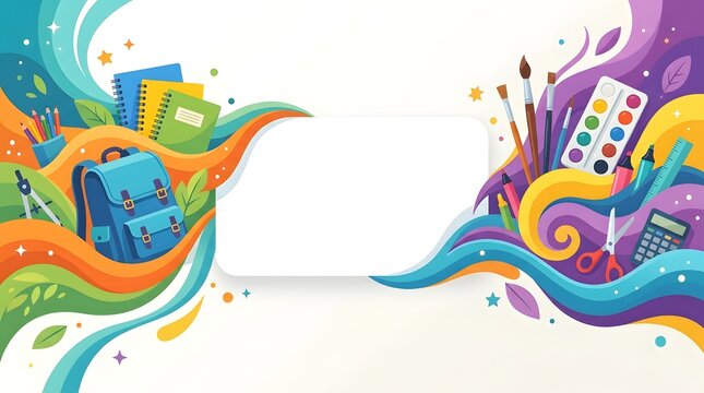 Colorful back to school background with school supplies and abstract flowing waves for educational design projects