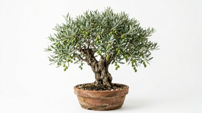 A small olive tree bonsai in a terracotta pot isolated on white background