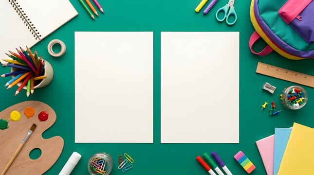 Two blank vertical paper sheets surrounded by colorful school and art supplies on a green background