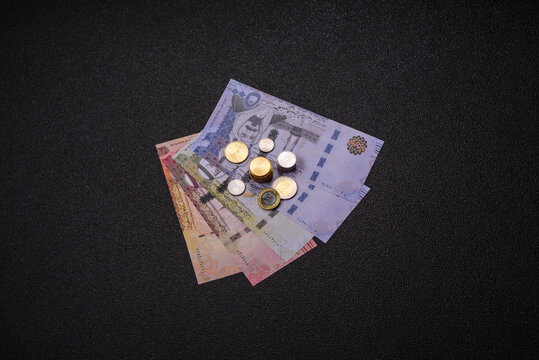 Saudi Arabia paper money, riyal banknotes and coins as currency for exchange. Saudi Arabia money