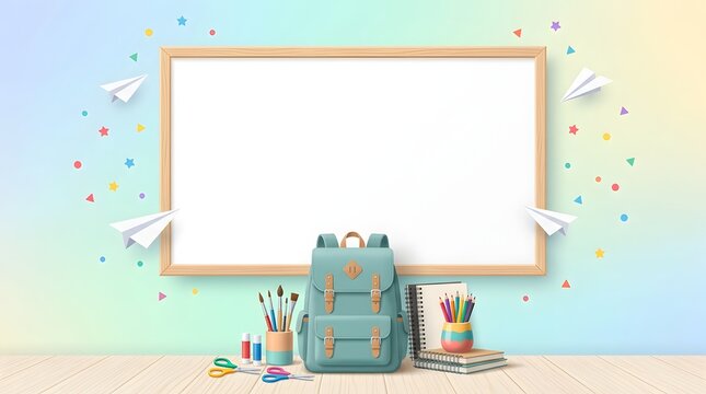 Empty wooden frame with school supplies and backpack on a colorful pastel background for education concept