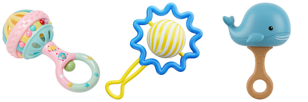 A collection of colorful baby rattles including a whale, sun-shaped, and classic designs.