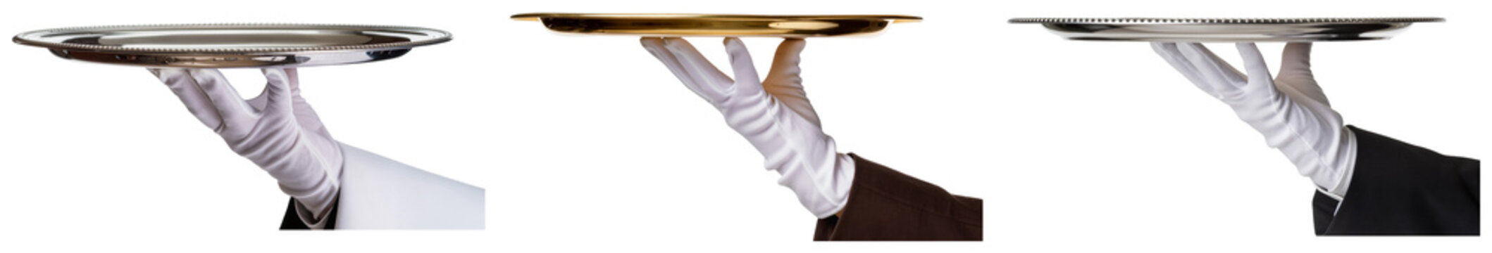 Hands in elegant white gloves holding shiny metal serving trays, ready for upscale service.