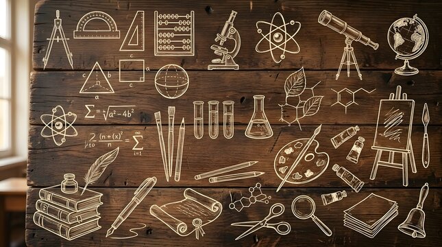 Educational doodles of science and art symbols drawn in white chalk on a dark wooden background