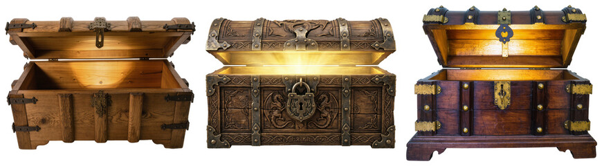 Collection of antique wooden treasure chests, open with empty interiors or glowing with bright light © Trieu