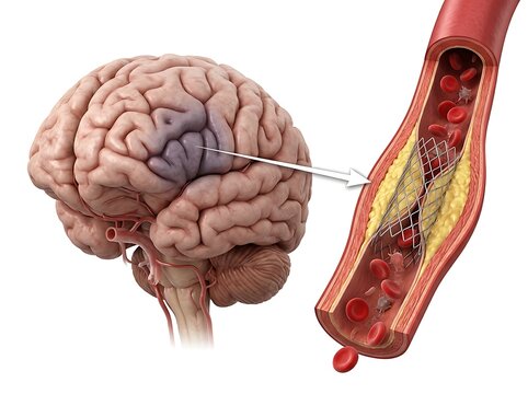 Medical illustration of a human brain with an ischemic stroke area and a carotid artery stent procedure to treat atherosclerosis