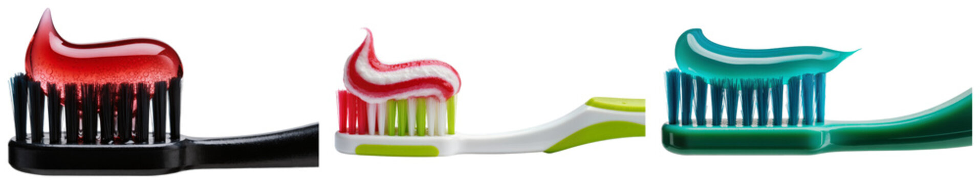 Close-up view of different toothbrushes with colorful toothpaste for oral hygiene and dental care