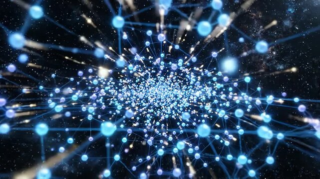 Dynamic Blue Network Particle Explosion in Cosmic Space &ndash; Futuristic Data Flow and Interconnected Nodes Visualization