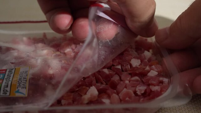 Raw Diced Bacon in Package Close-Up