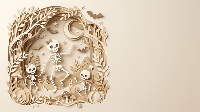 A beautiful paper cut art scene featuring spooky skeletons and bats in a forest to celebrate a happy halloween theme