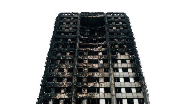 Burned highrise apartment building isolated on white background