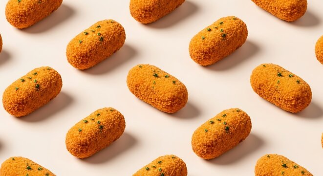 Crispy golden croquettes with herbs, a delicious snack, arranged in a pattern
