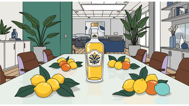 Modern vector illustration of a craft liquor bottle surrounded by fresh lemons on a boardroom table, concept for beverage branding, cocktail marketing, and Mediterranean product promotion
