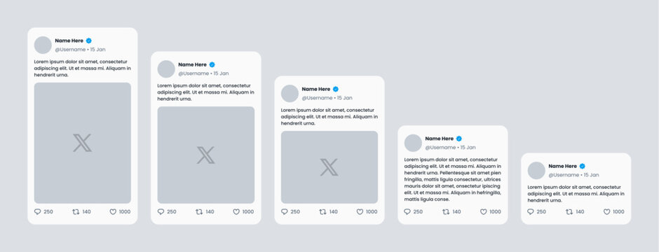 X post simplified template, twitter mockup new UI with rounded corners. different tweet sizes and modes, text and image variants.	