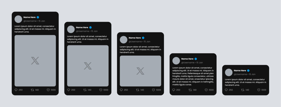 X post simplified template, twitter mockup new UI with rounded corners. different tweet sizes and modes, text and image variants.	