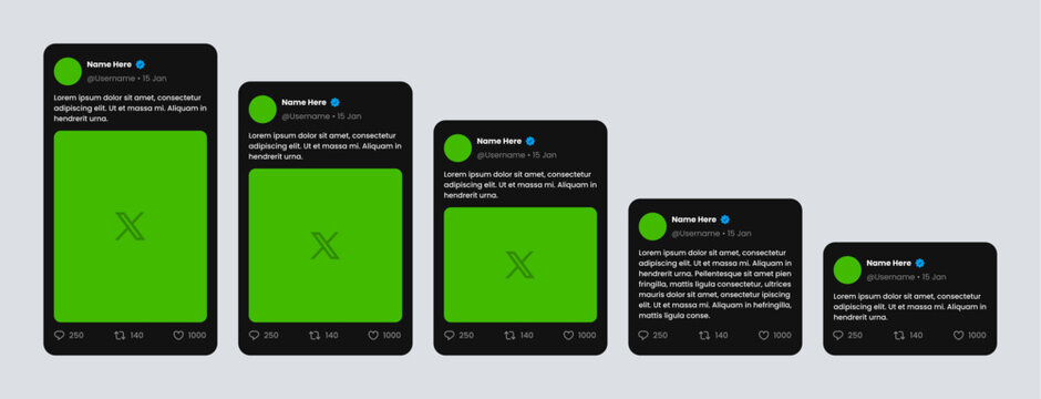 X post simplified template, twitter mockup new UI with rounded corners. different tweet sizes and modes, text and image variants.	
